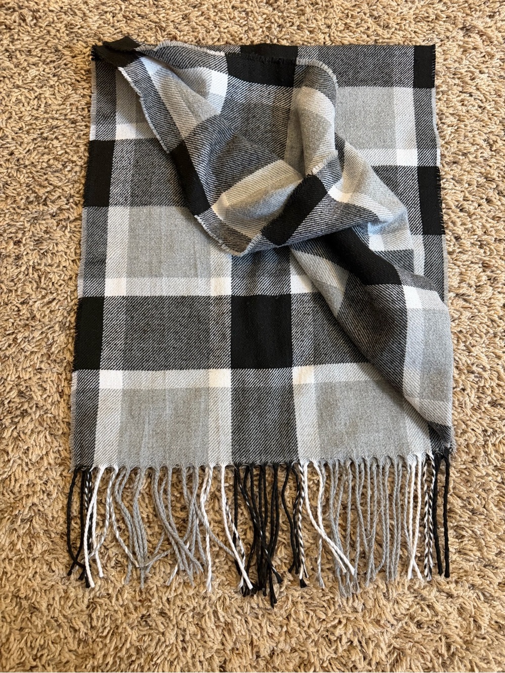 Classic Black & Gray Plaid Fringe Scarf